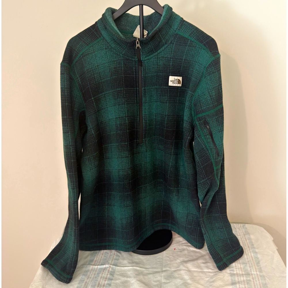 The North Face Men's XL Fleece Pullover Sweatshirt Green/Black Plaid 1/4 Zip